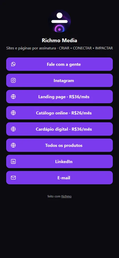 Página de links da Richmo no celular