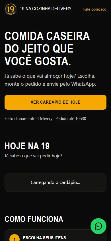 Cardápio da 19 na Cozinha no celular
