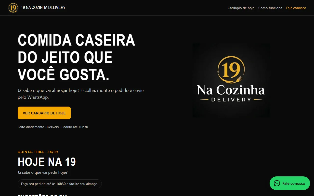 Cardápio digital da 19 na Cozinha, feito pela Richmo